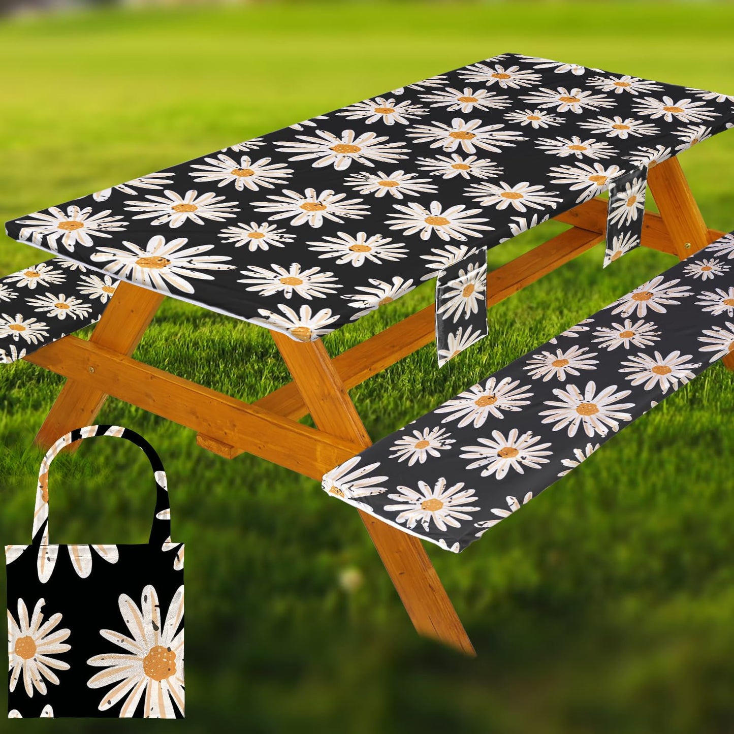 Fitted Picnic Table Cover with Bench Covers, Windproof Vinyl Table Cloths Outside Camping Cooking Backyard Furniture Seat Cushion Tablecloth Activities Party Decor Decorations Para Acampar Equipment
