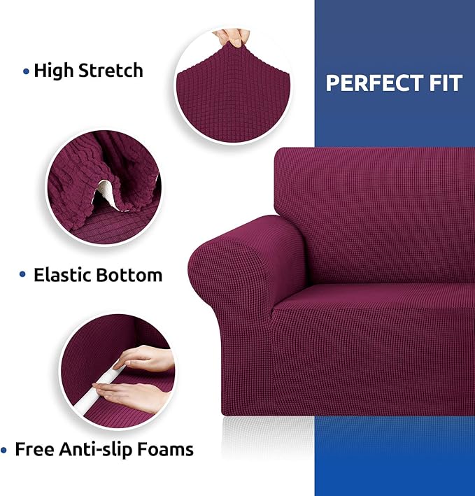 KEKUOU Stretch Sofa Cover Slipcover ,Couch Covers for 3 Cushion Couch Sofa pet Friendly (78"-94") Furniture Protector Sofa with Elastic Bottom for Kids,Dog, Jacquard Small Checked(Large,Wine)