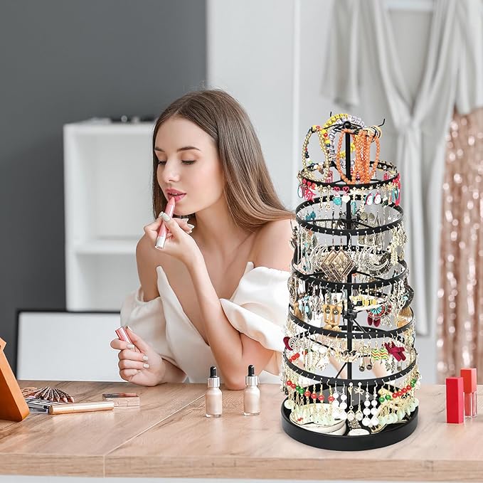 6 Tier Rotating Jewelry Organizer Stand, 230 Holes Earring Holder Organizer for Women Girls, Spinning Earring Tree with Ring Holder, Wide Base for Bracelets Watches Lipstick