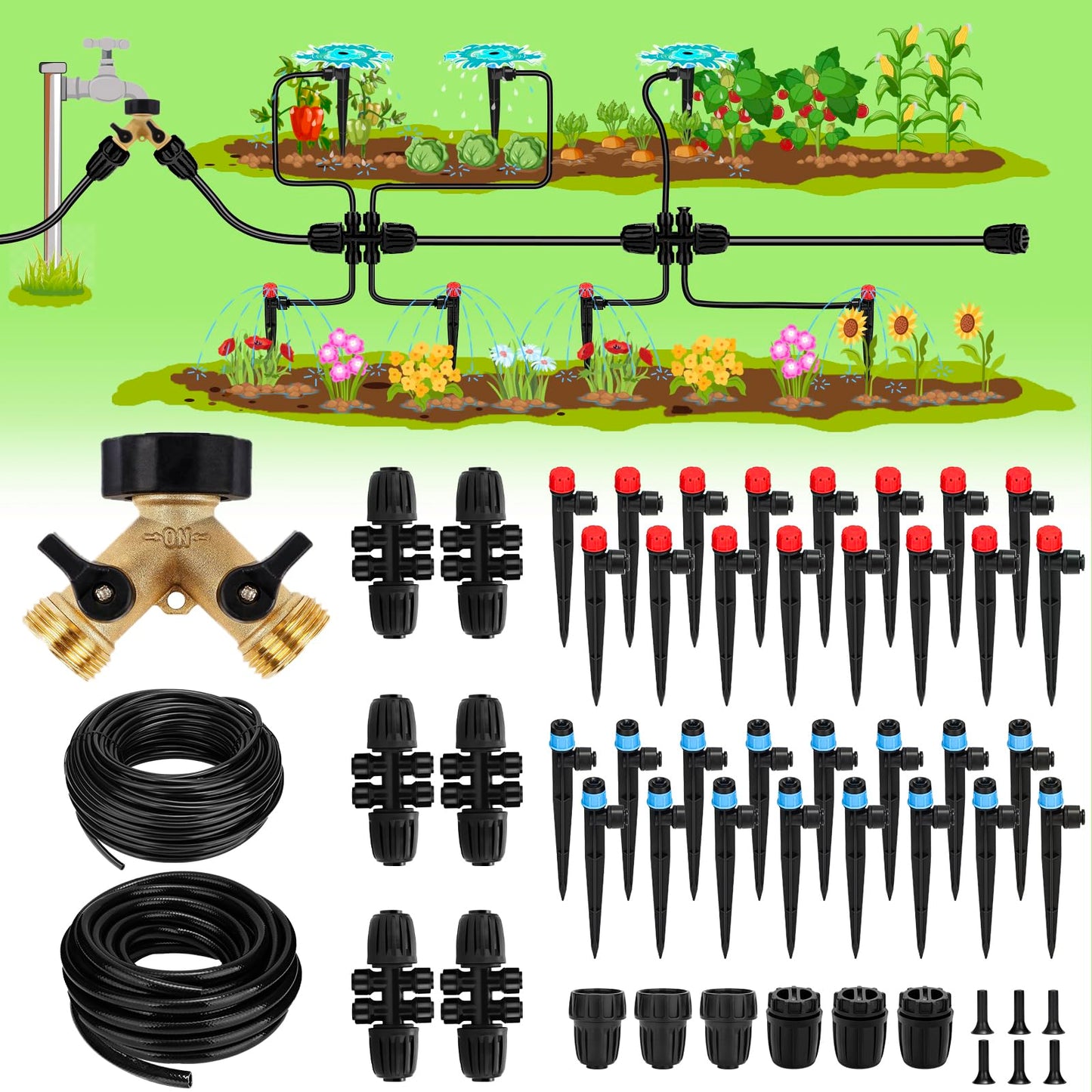 250FT Drip Irrigation System for Garden - 50FT 1/2" Main Tube & 200FT 1/4" Branch Tubing, Brass Splitter, Quick Connect Design, Perfect for Outdoor Plants, Raised Beds, Greenhouses