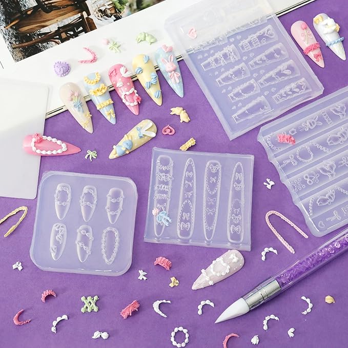 Laza 4pcs Cream Chain Silicone Nail Art Molds, 3D Multiple Shapes Embossed Cream Chain Bowknot Rabbit Charms Nail Accessories with Carving Pen Resin Nail Art Mold Manicure Tools for Manicure Design