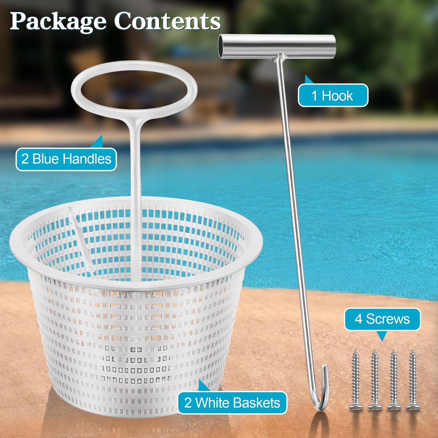 Saillong 2 Set 8" Pool Skimmer Basket for Inground Pool with 2 Skimmer Baskets Handle and 1 Stainless Steel Hook, White Universal Pools Filter Basket Skimmers for Debris Removal, Keep Hands Clean