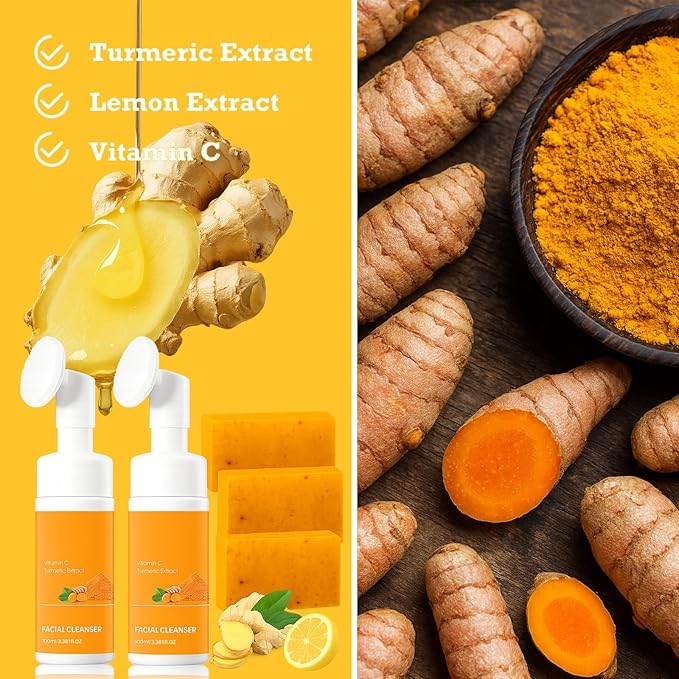 Turmeric Wash and Care Kit – Turmeric Face Wash with Brush, Exfoliating Facial Pads, Cleansing Soap Bars and Oil – Jabon de Curcuma, Natural Skincare for Face & Body (2PC Set, Count, 2)