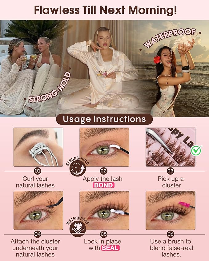 Goddvenus Brown Wispy Eye Lash Clusters Kit Natural Cluster Eyelash Extensions Kit False Eyelash Clusters Fluffy DIY Individual Lash Extensions Kit C Curl