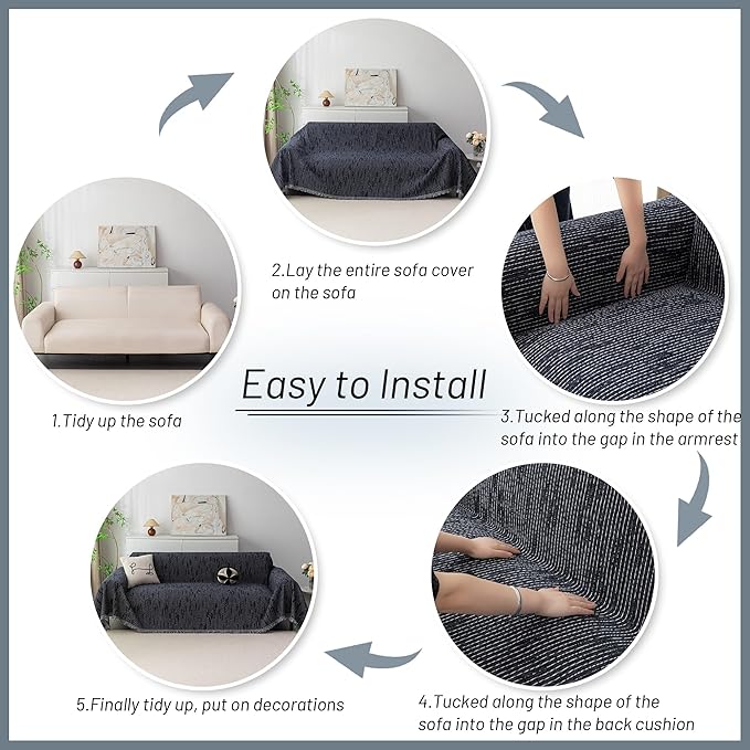 MYSKY HOME Loveseat Cover Navy Couch Cover Sectional Couch Covers for 2 Cushion Couch Sofa Thick Universal Chenille Sofa Cover with Tassel Durable Furniture Protector for Dogs 91" x 118"
