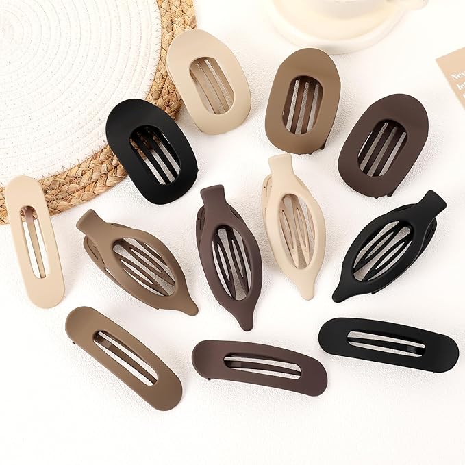 12 Pack Flat Hair Clips for Women-3 Styles Matte Neutral Flat Claw Clips, Black, Blonde,Light Brown & Dark Brown, French Duckbill Styling Accessories (Matte Neutral-4)