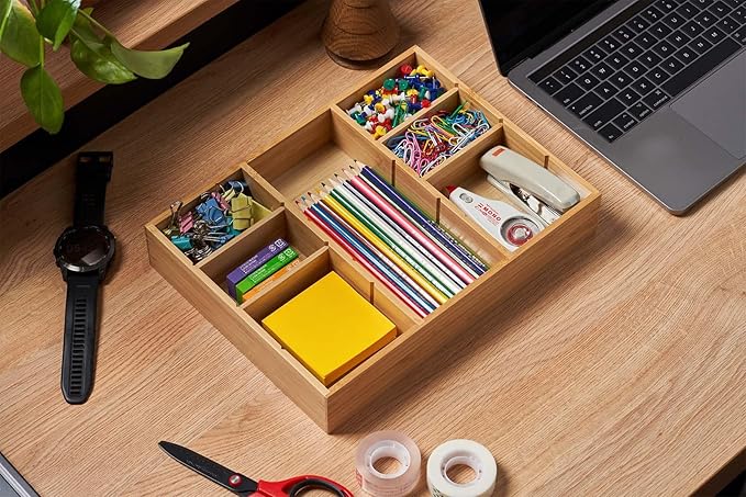 Umilife Bamboo Desk Drawer Organizer, Wood Junk Organizer Tray with Adjustable Dividers, Anti-Skip Storage Organization in Office Bathroom Drawer for Vanity, Makeup, 12" x 9"