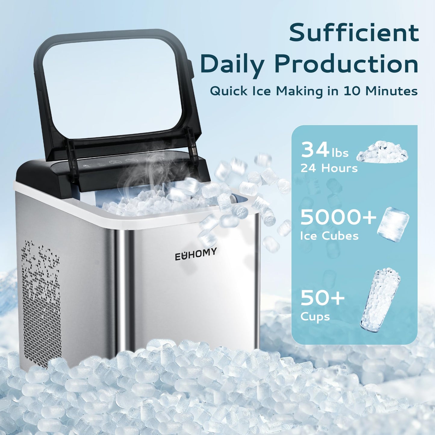 EUHOMY Nugget Ice Maker Countertop, Ready in 8 Mins, Self-Cleaning, 34lbs/24H Portable Ice Maker Machine with Ice Scoop & Basket, Sonic Ice Makers with Chewable Pellet Ice for Home/Party/RV/Camping