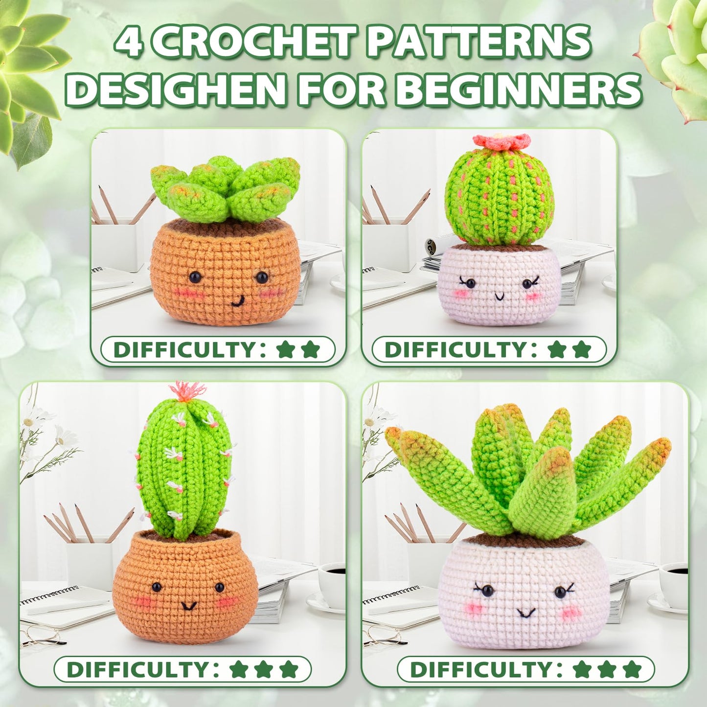 Crochet Kit for Beginners - Crochet Starter Kit with Step-by-Step Video Tutorials, Learn to Crochet Kits for Adults, DIY Knitting Supplies, 4 Pack Plants(40%+ Yarn)