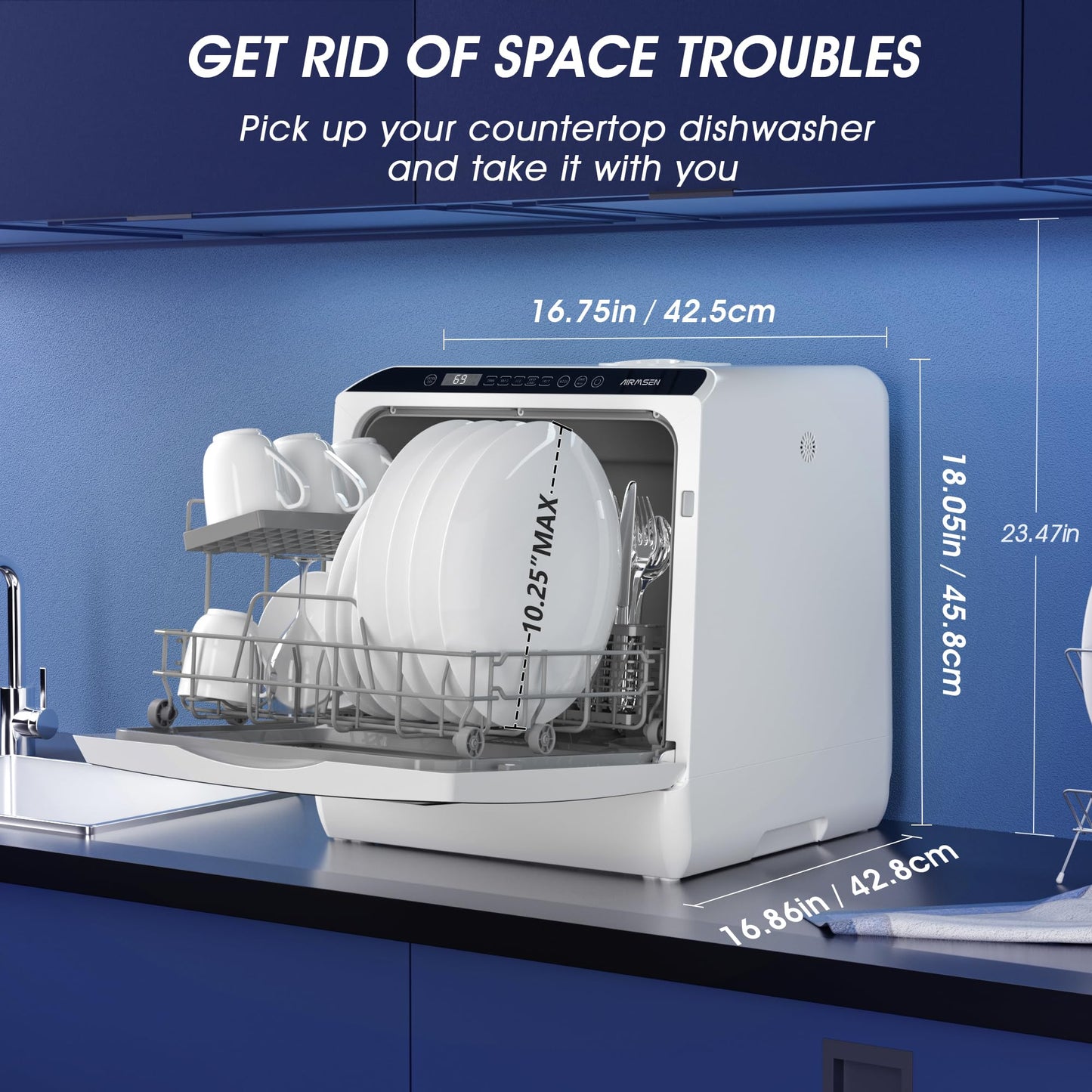 AIRMSEN Portable Countertop Dishwashers, 5 Washing Programs Mini Dishwashers with 1.2 Gal Built-in Water Tank and Double-layered Glass Door, No Hookup Needed for Home, Apartments & RVs