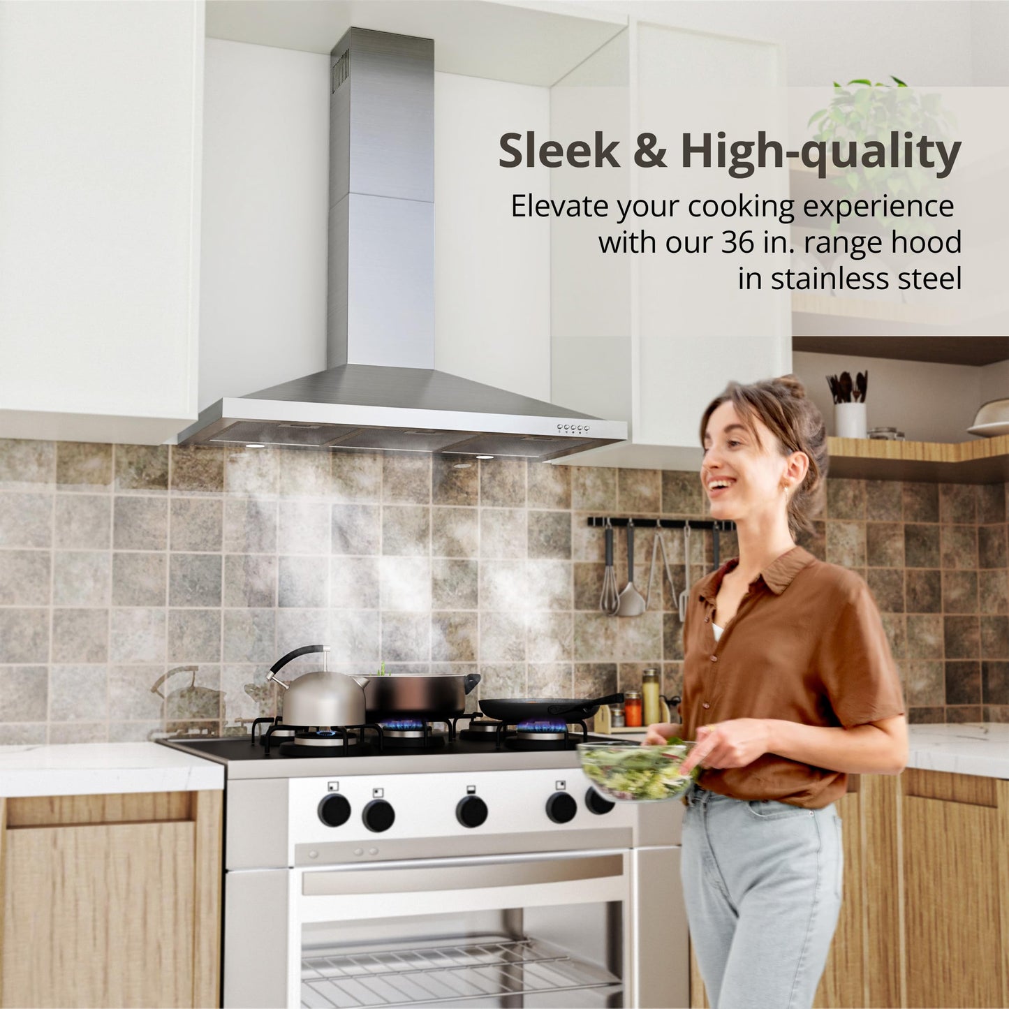 FIREGAS Range Hood 36 inch with Ducted/Ductless Convertible, 450 CFM Stainless Steel Wall Mount Chimney-Style Kitchen Hood, Over Stove Vent Hood with 3 Speed Fan, Charcoal Filters