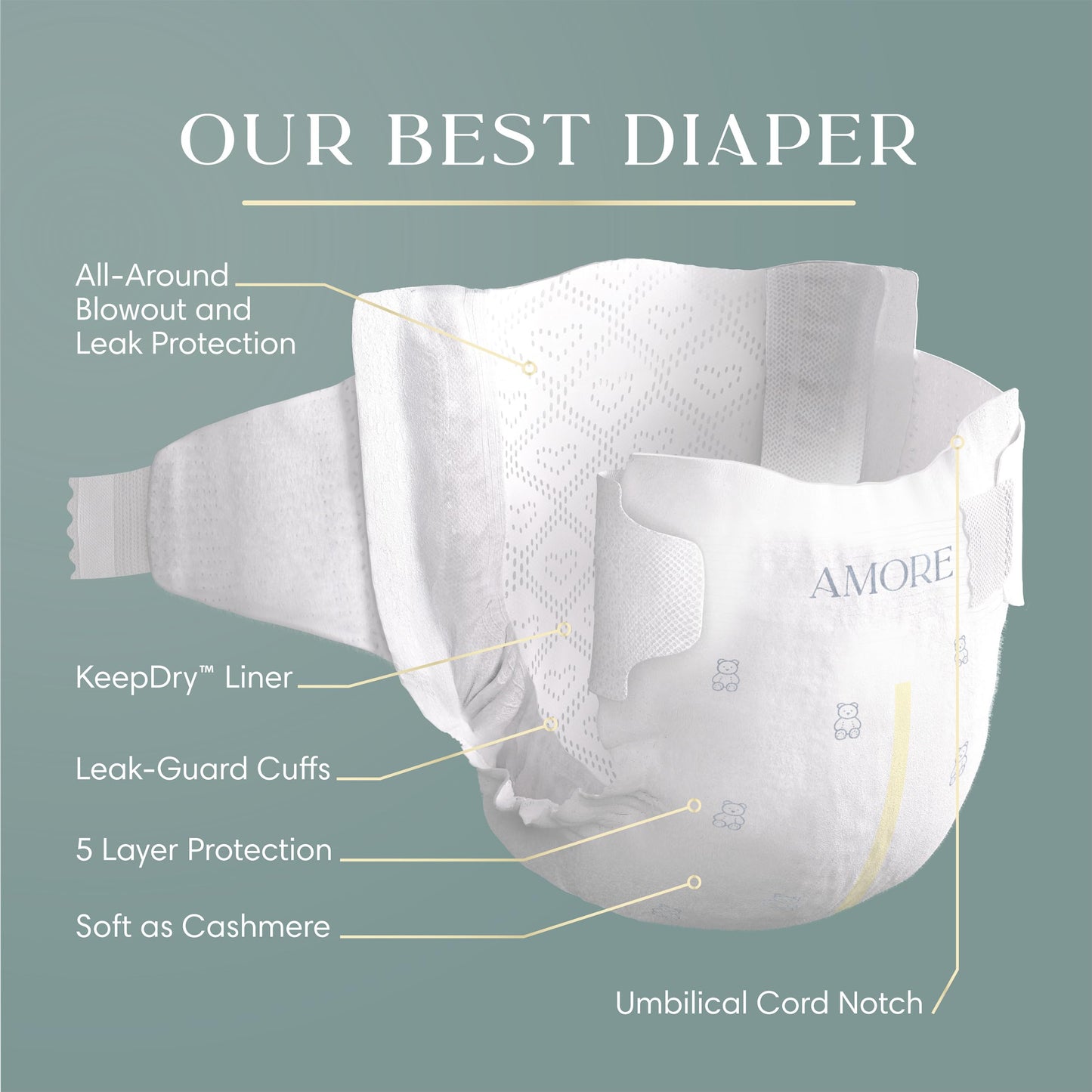 Pampers Amore, Size 0 (up to 10 lbs), 76 Count, Our Best Diaper – Hypoallergenic & Fragrance Free, Up to 100% Leakproof, Soft as Cashmere