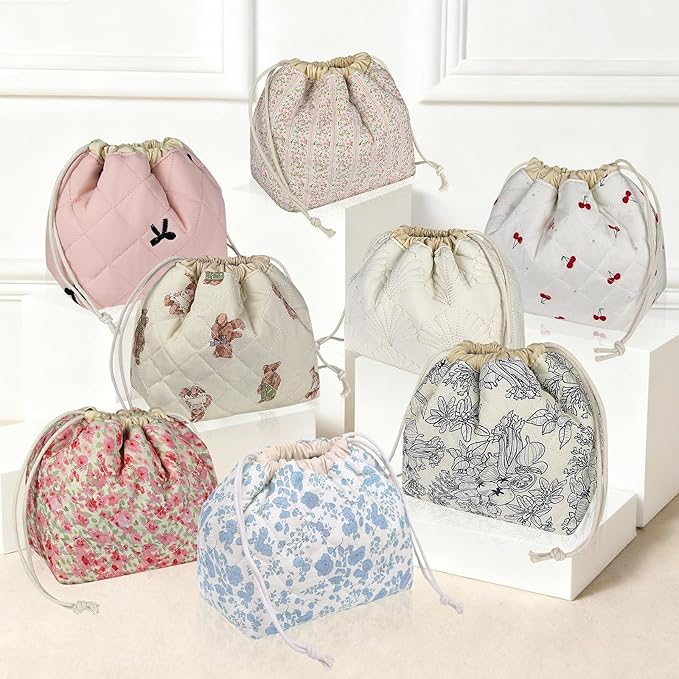 Large Makeup Bag, Cute Drawstring Cosmetic Bag with Canvas Lining, Floral Coquette Aesthetic Toiletry Bag, Travel Make Up Organizer Bag for Women and Girl (Blue Flower)