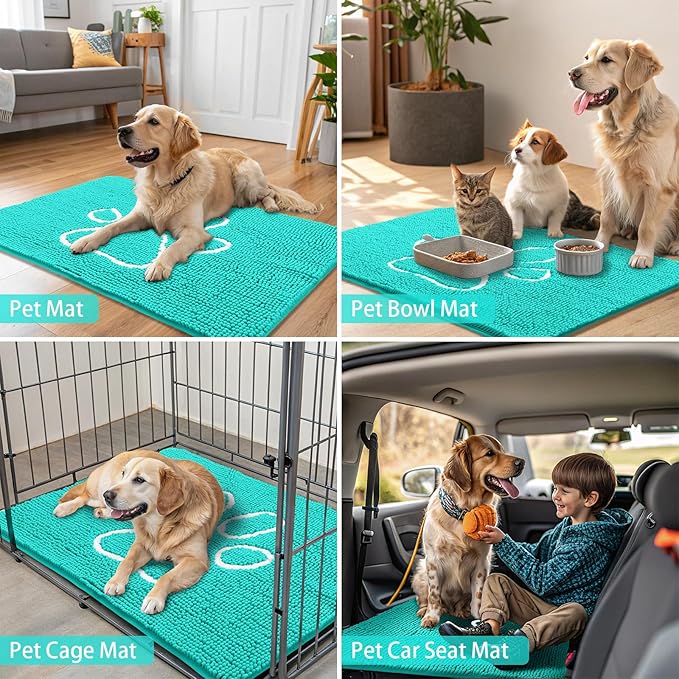 Smiry Dog Door Mat for Muddy Paws, Absorbent Dirt Trapper Non Slip Quick Dry Washable Chenille Mat for Mud Dogs, Entry Rug for Indoor and Outdoor (48x30 Inches, Turquoise and White)