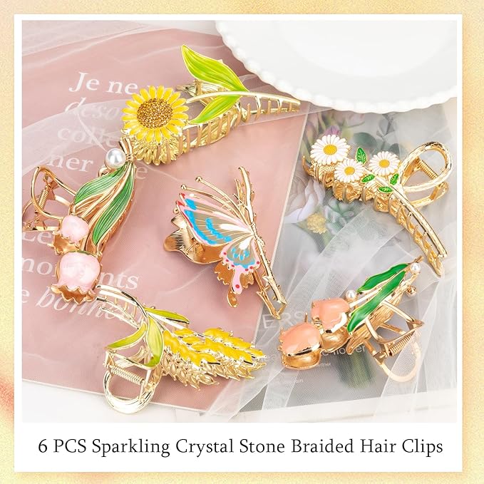 6 Pcs Flower Metal Claw Hair Accessories for Women & Girls - Large Tulip Nonslip Styles, Strong Hold Matte Claws for Long, Thick & Thin Hair