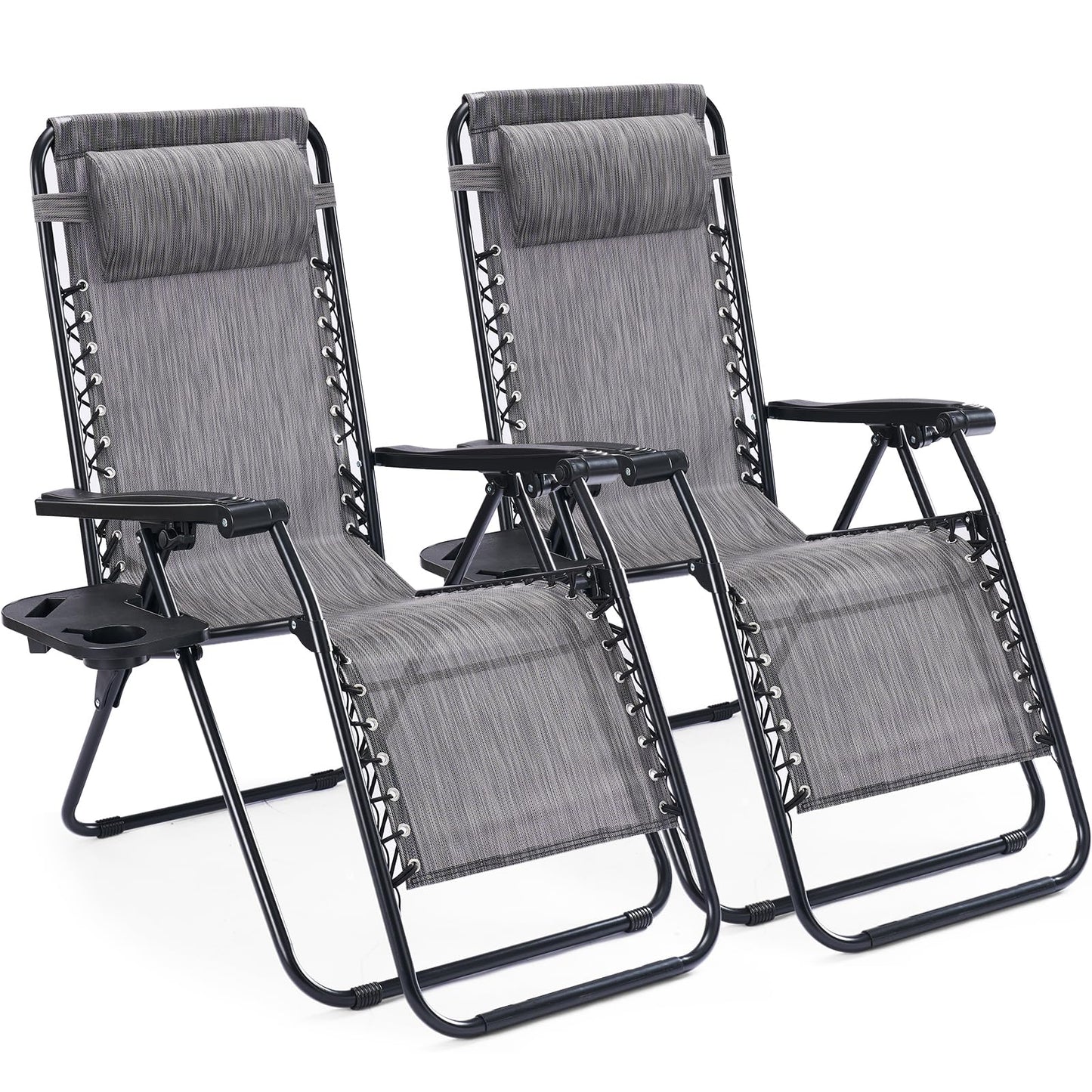 Sweetcrispy Zero Gravity Chairs, Set of 2 Portable Recliner Beach Camping Patio Outdoor Folding Lounge Chair with Cup Holder Trays and Adjustable Pillow for Poolside, Garden, Backyard, Lawn (Grey)
