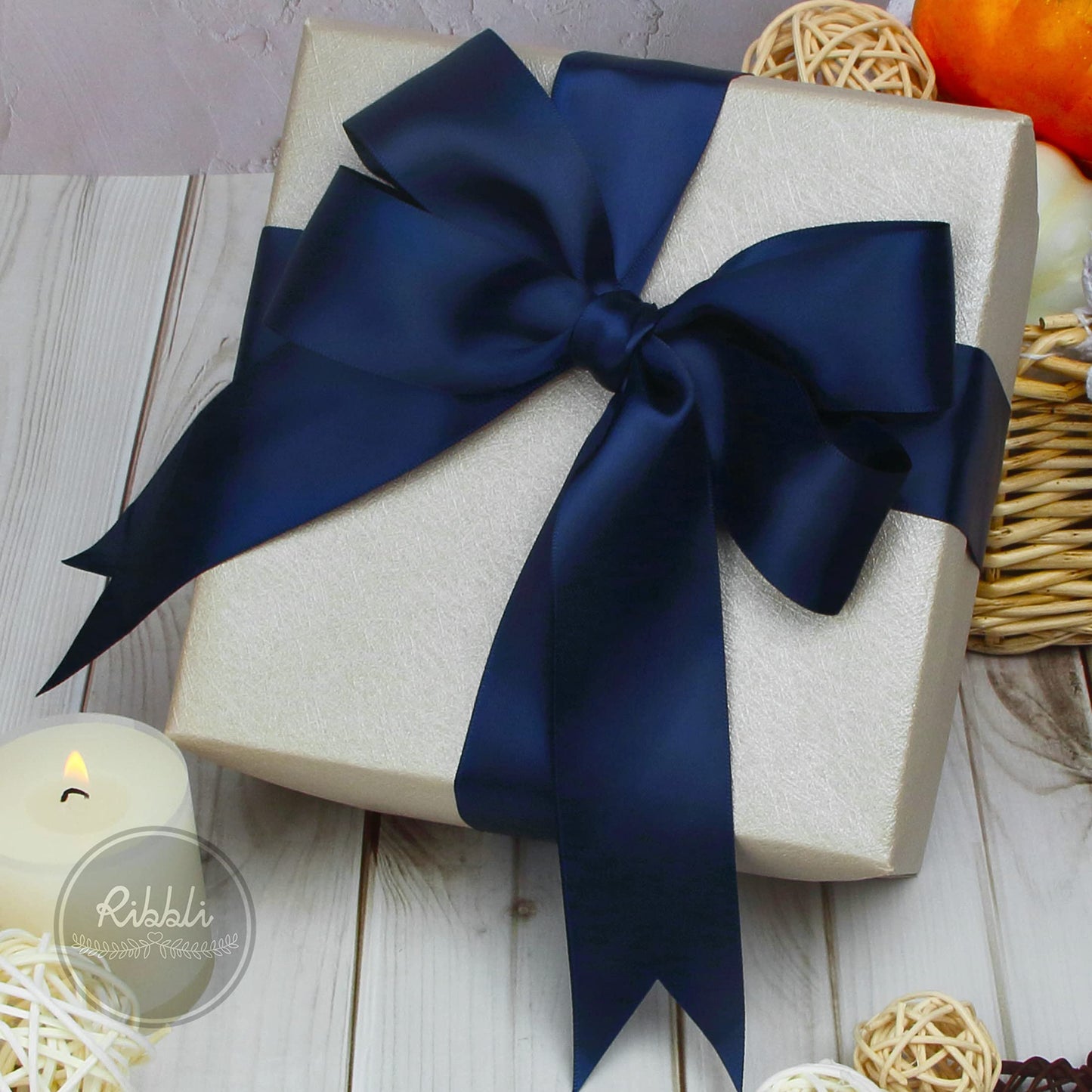 Ribbli Navy Blue Satin Ribbon Double Faced Satin 1 inch x Continuous 50 Yards-Navy Ribbon for Gift Wrapping Crafts Wedding Decoration Bows Bouquet Floral Arrangement