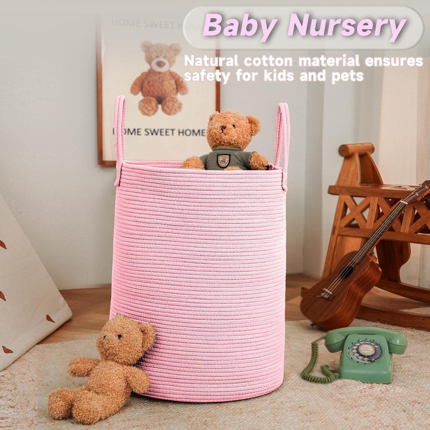 JMvicyroam Large Woven Laundry Basket Hamper,80L Cotton Rope Storage Bin for Blankets,Toys and Clothes,Decorative Tall Nursery Hamper for Living Room,Baby Nursery,Bathroom and Bedroom,Pink