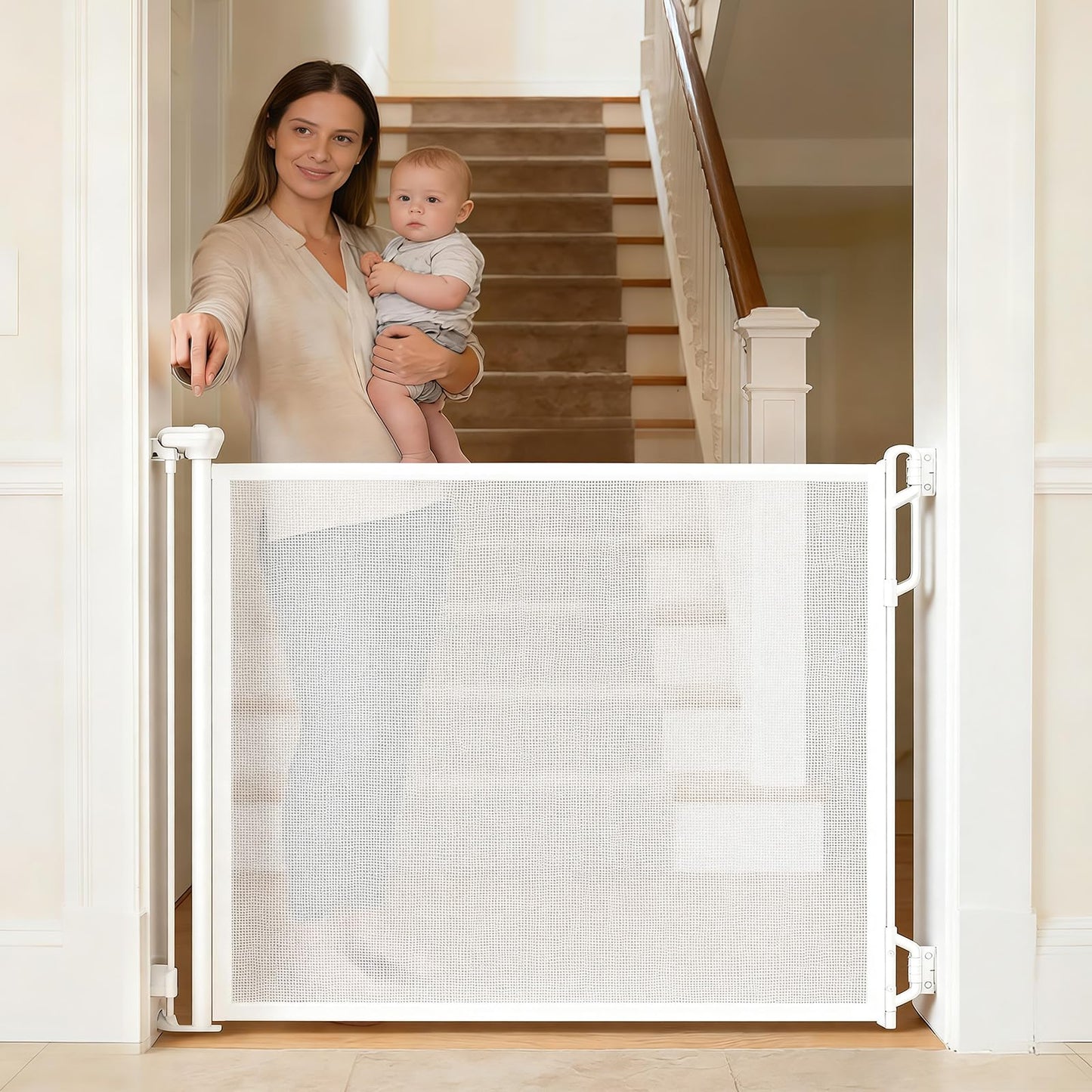 Spaceany Retractable Safety Baby Gate or Mesh Dog Gate,Durable Portable Mesh Retractable Gate,Easy to Use for Stairs, Doorways, Hallways, Indoor, Outdoor, 33.5" Tall, Extends to 55" Wide,White