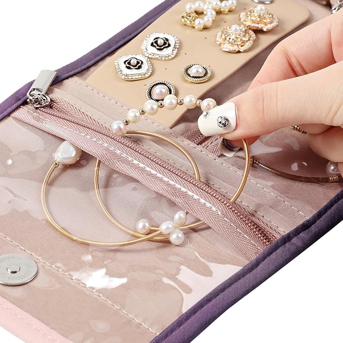 BELALIFE Travel Jewelry Case Organizer, Small Foldable Storage Roll for Earrings, Necklaces, Rings, Bracelets, Brooches, Purple