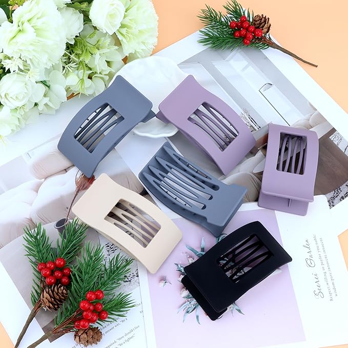 6 Pack Flat Hair Claws Clips for Women, Large Extra Strong & Thick Clips for Thick Fine Hair Styling, Secure Hair Hold Matte Brown Purple Blue Black