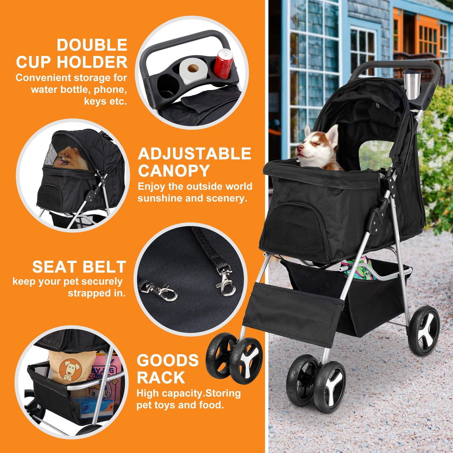 4 Wheels Pet Stroller Dog Cat Stroller for Small Medium Dog Cats Foldable Carrier Jogger Travel Puppy with Storage Basket and Cup Holder (Black)