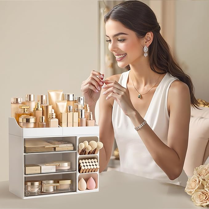 HBlife Makeup Organizer Countertop with Brush Holder, Large Bathroom Counter Organizer with Drawers, Skincare Organizers for Vanity, Plastic Dresser Organizer Storage Gift for Women Girl Mom, White