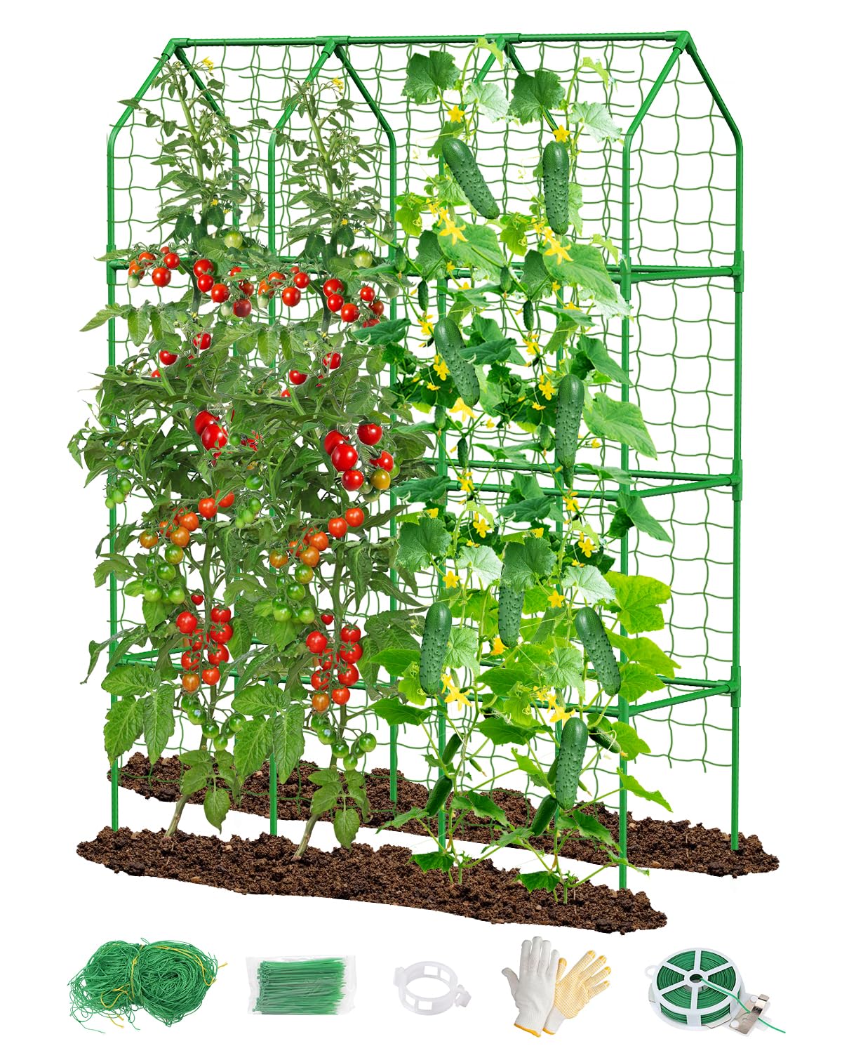 65" Cucumber Trellis for Climbing Plants Outdoor, Metal Garden Trellis for Raised Bed, Plant Support Structures with Netting for Cucumbers Tomatoes Beans Peas (50 * 17 * 65inch(L*W*H), Trellis)