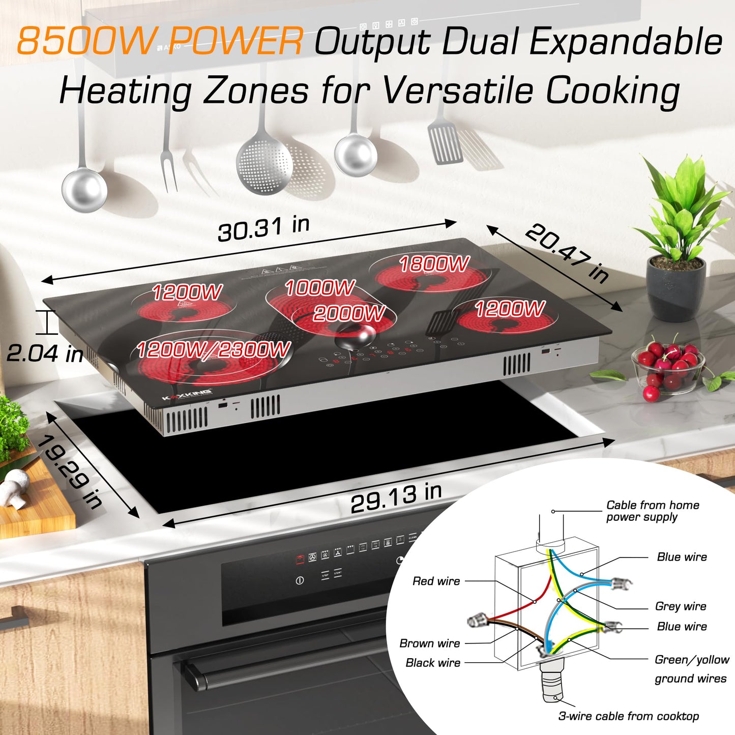 30 Inch Electric Cooktop 5 Burners, 8500W Built-in Radiant Ceramic Stove Top with Dual Expandable Heating Zone, Touch Control 9 Power Levels, Timer & Child Lock, Hard Wired 220-240V