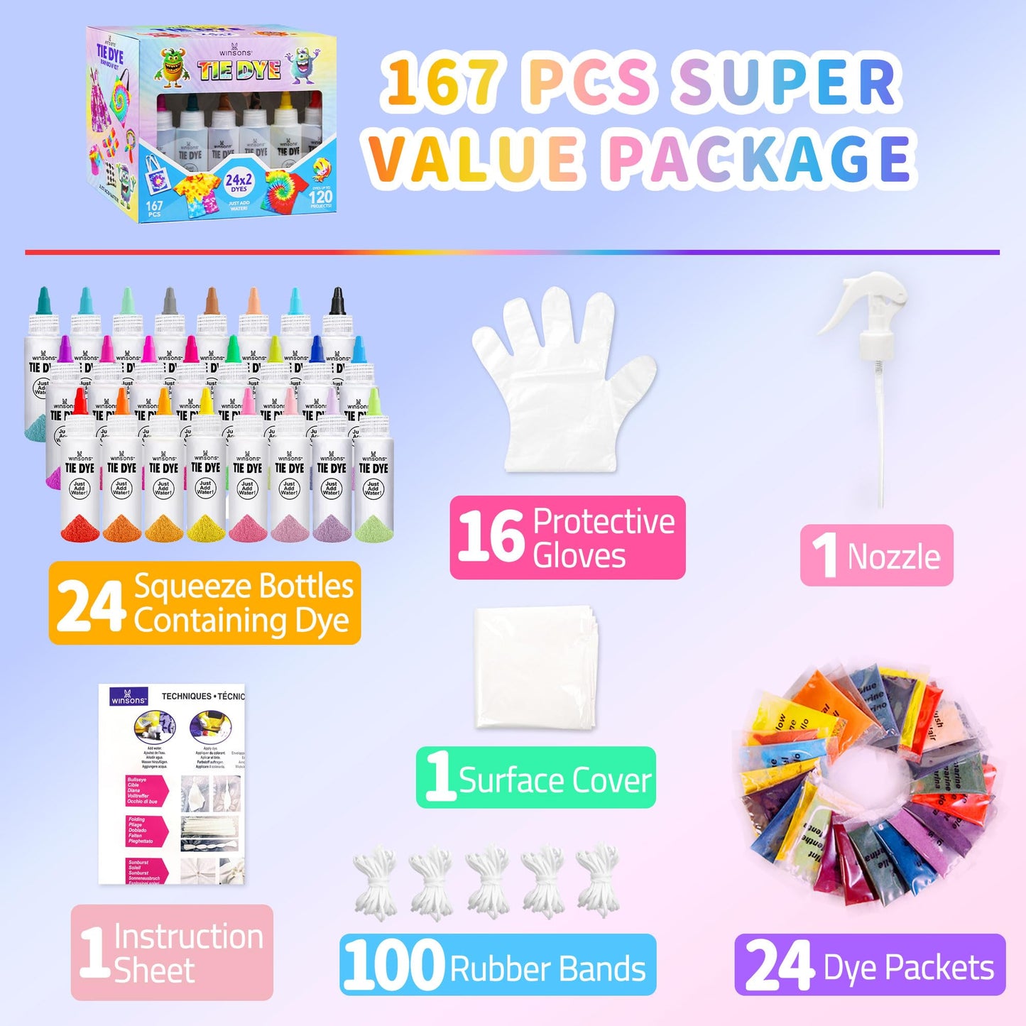 24 Colors Tie Dye Kit, Tie Dye Set for Kids, Pre-Filled Bottles, Non Toxic Permanent Fabric Dye Art Set, Easy DIY Fabric Art - Create Fun (24 Colors)
