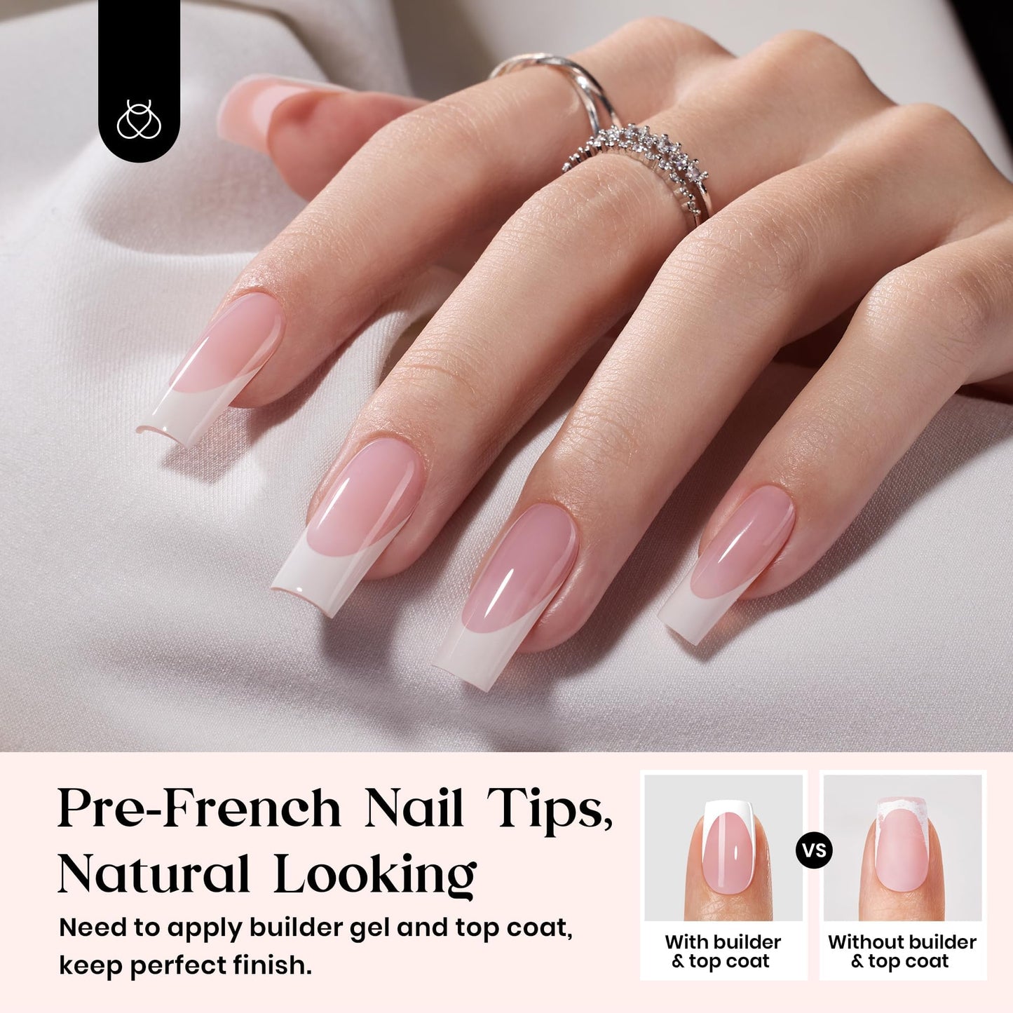 Beetles X Press Plus French Tip Nails - Candy French | Pink Long Square Press On Nails | 16 Sizes 160 Pcs Natural Salon Quality Gel Nail Tips