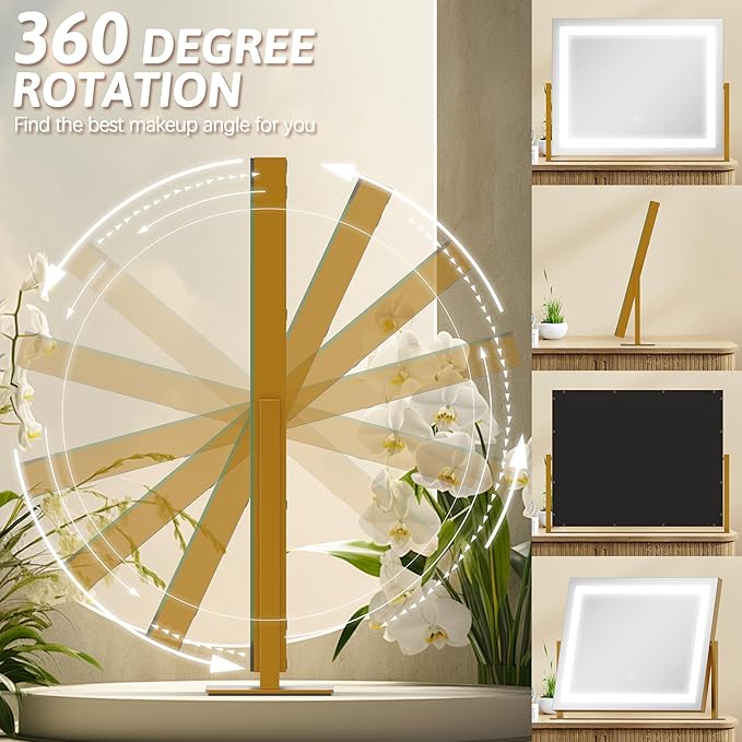 ROLOVE Vanity Mirror with Lights 22"x18", Lighted Makeup Mirror with 10X Magnification, Smart Touch 3 Colors Dimmable, 360° Rotation, Women Gift, Dresser Mount, Bathroom (Gold)
