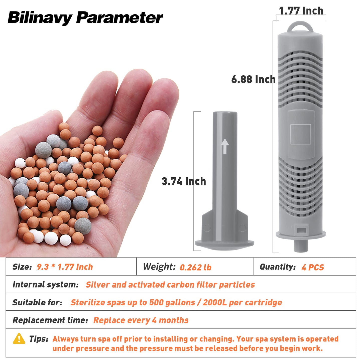 Bilinavy Spa Ag+ Mineral Sticks for Hot Tub, Silver Ion Mineral Cartridge Last for 4 Months Treats (4PCS, Grey)