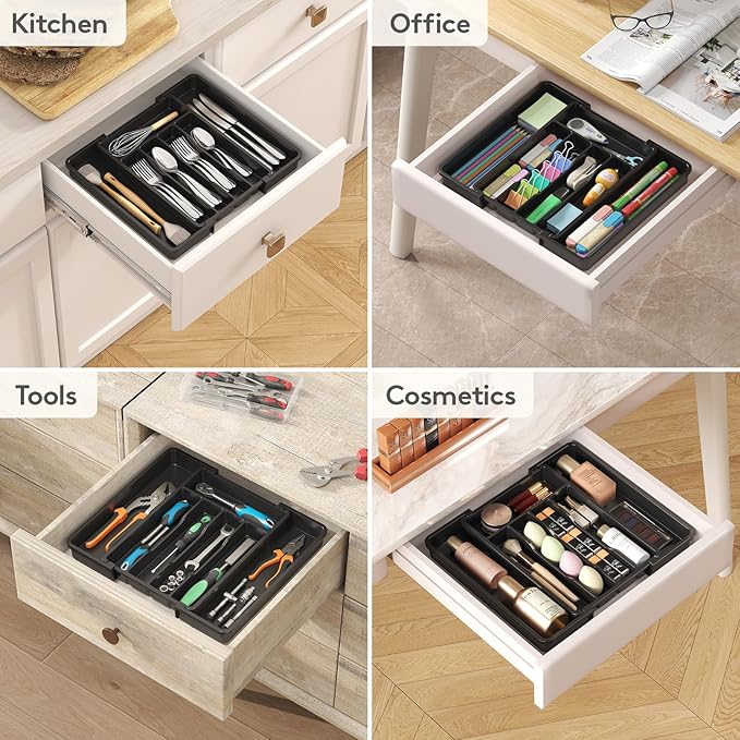 Lifewit Expandable Silverware Organizer, Plastic Utensil Tray for Kitchen Drawer, BPA Free Flatware Cutlery Holder, Space-Saving Storage for Spoons Forks Knives, 8.5-14 x 12 x 1.5 inch, Black