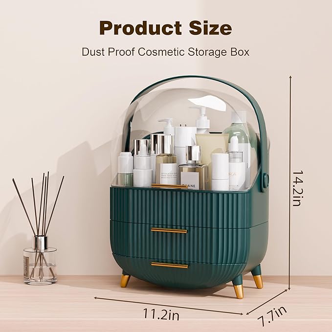lurcns Makeup Organizers and Storage Make up Organizer for Vanity Cosmetics Skincare With Lid and Drawers Display Cases for Countertop Bathroom Women Teenager Girl Gifts(Dark Green)