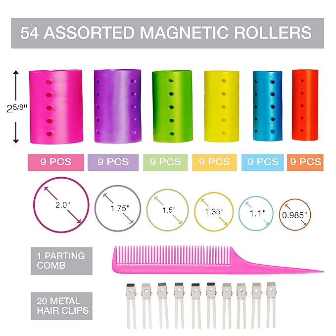 Conair Magnetic Hair Rollers, Curlers in Assorted Sizes and Colors, Rollers Curler Set with Comb Clips Included, 75-Piece