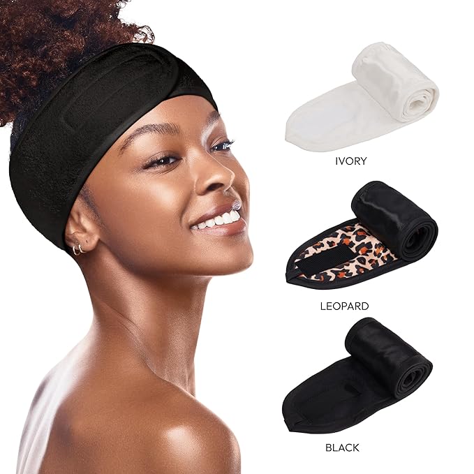 Red by Kiss Spa Headband for Washing Face, Adjustable Velcro Wrap Facial Makeup Hair Band Silky Satin Lining Terry Clothe for Shower Bath Washing Mask Sport Yoga (Black)