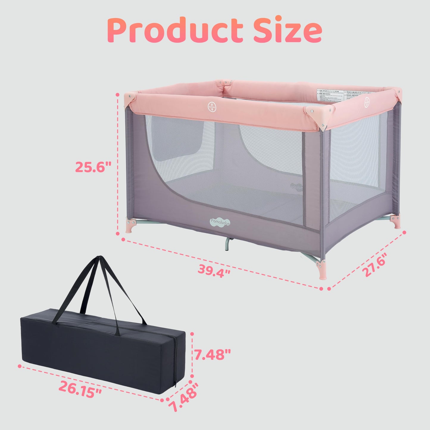 Pamo Babe Compact Pack and Play - Portable Crib for Baby, Lightweight Foldable Travel Playard with Mattress Pad & Carry Bag, Safe Breathable Travel Bed for Home, Trips & Family Visits, Pink