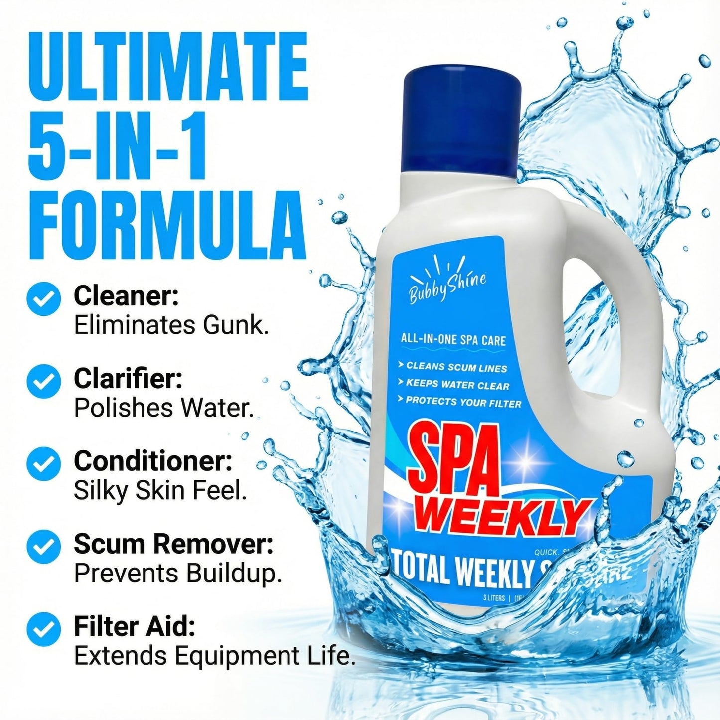 5-in-1 Hot Tub Chemicals – Spa Weekly Enzyme Cleaner & Clarifier, Scum Line Cleaner, Filter Protector + Water Conditioner, Clear Finish for Spas & Inflatable Tubs, 3 Liter (101.5 fl oz) – BubbyShine
