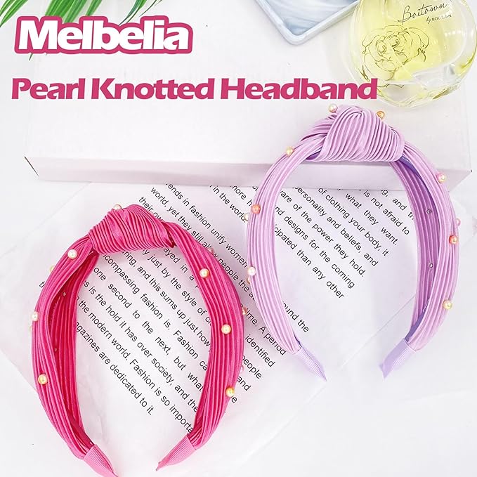 Knotted Headbands for Girls Non Slip Girl Pearl Headband Wide Top Knot Head Bands Mommy and Me Fashion Hairband Womens Turban Hair Accessories(Rose red & Purple,2Pcs)