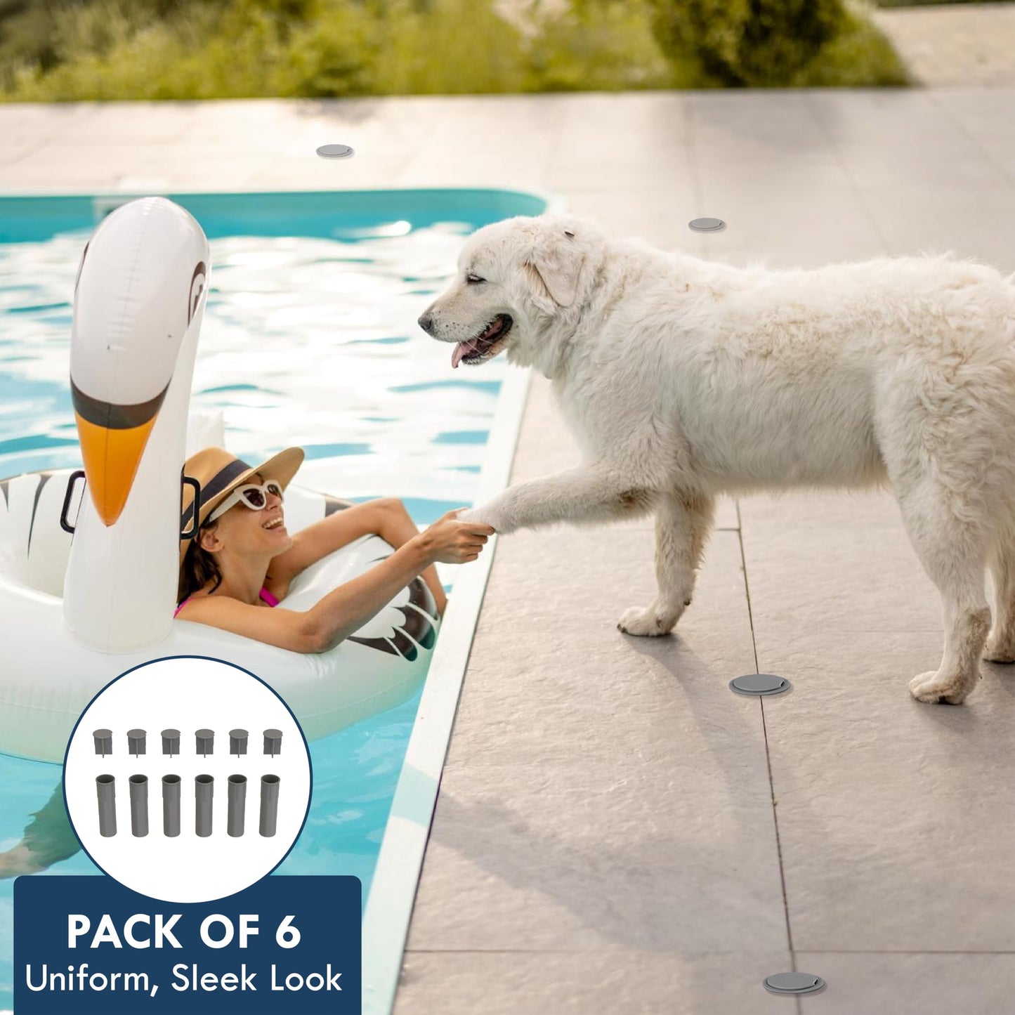 Pool Fence Deck Sleeves & Hole Caps - Putty 6 Pack - 1 Inch Pole Fencing, Inserts with Plugs, Universal Fit for DIY Safety Fence,