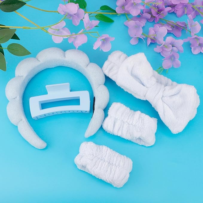 SPA Headbands for Washing Face Makeup Headbands with Bow Hair Band Women Facial Head Band Wrist Towel Wraps For Shower Face Mask Blue, 5 Pack