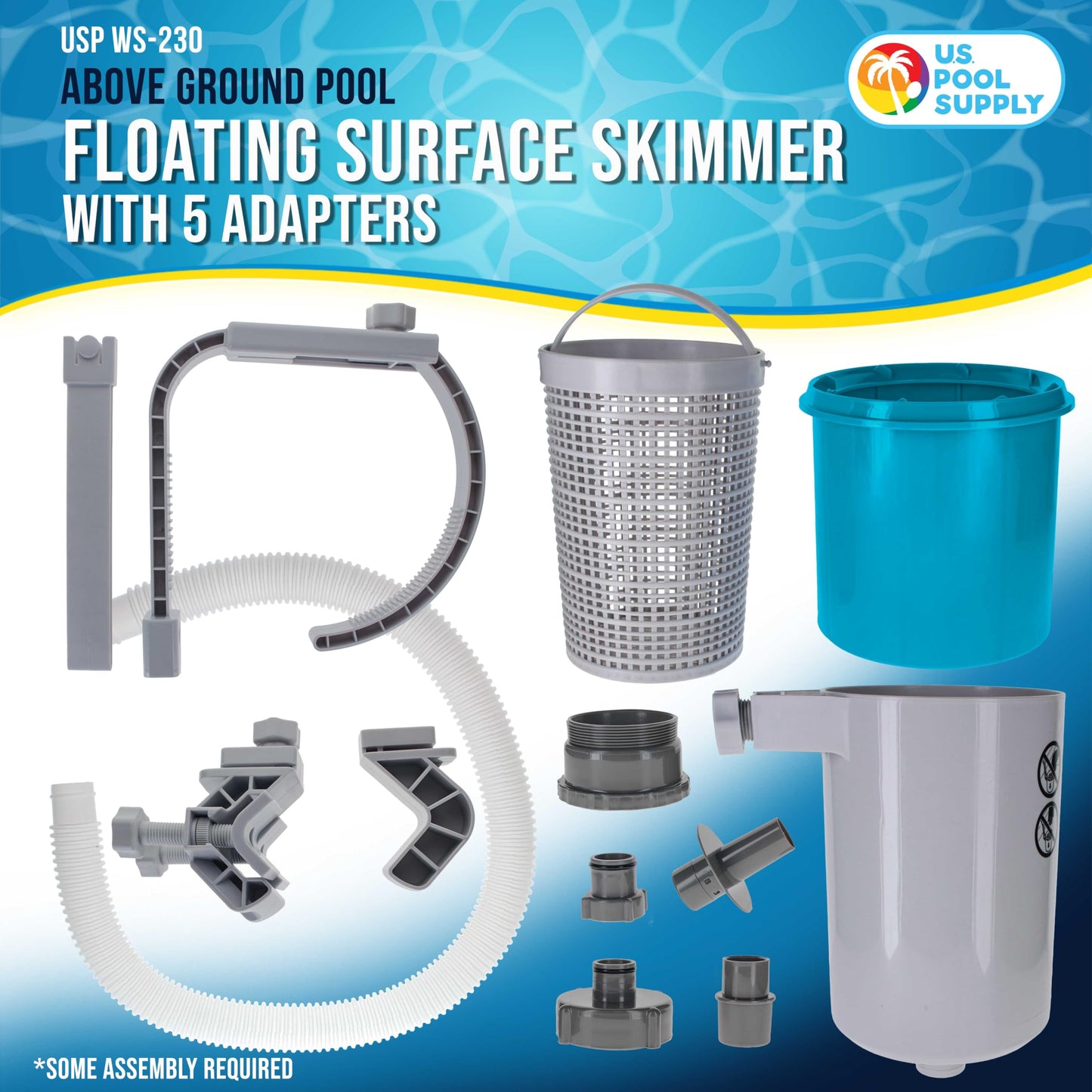 U.S. Pool Supply Pool Skimmer - Above Ground Pool Skimmer, Floating Surface Skimmer, 5 Adapters, Pool Accessories - Clean Dirt Basket, Wall Mount, Attach to Inflatable Collars, Tubular, Metal Frames