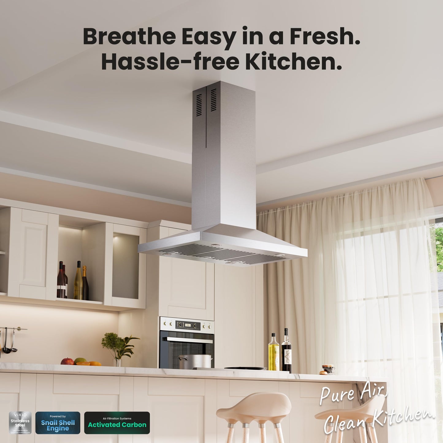 VIKIO HOME 30 Inch Island Range Hood, 390 CFM kitchen Hood with Dual-Sided Touch/Gesture Control, Convertible Ducted/Ductless, Ceiling Mount, 3 Stainless Steel Baffle Filters, 3-Speed Fan