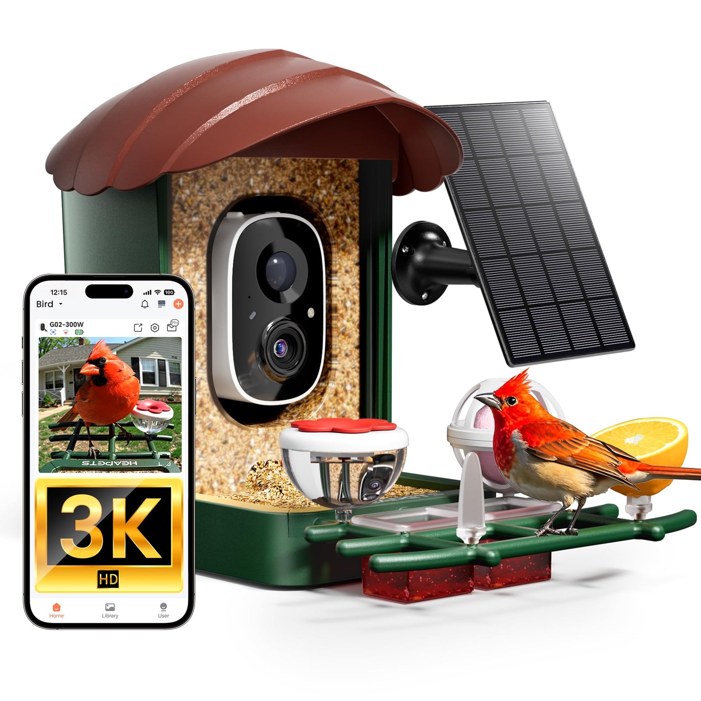 HEAPETS Bird Feeder with Camera Solar Powered, 3K HD Video, AI Bird Recognition, Auto Capture with Instant Notifications, IP65 Weatherproof, Gifts for Seniors Bird Watchers, Brown