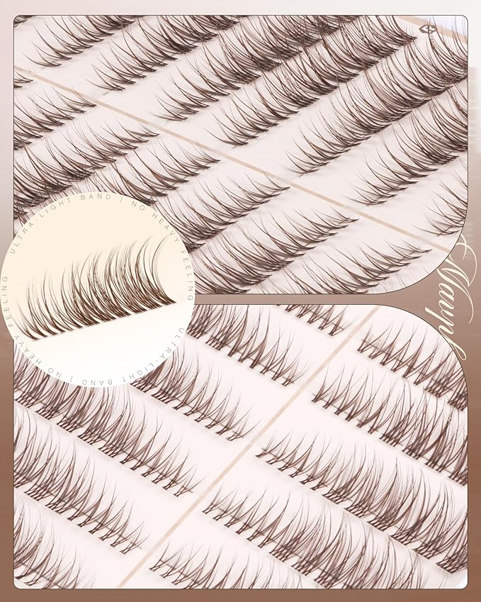 Brown Lash Clusters Natural Cat Eye Eyelash Extensions, 7-12MM Pre-Mapped Wispy Individual Lashes For Easy Application, C-Curly Clear Band, For Natural Lifted Look