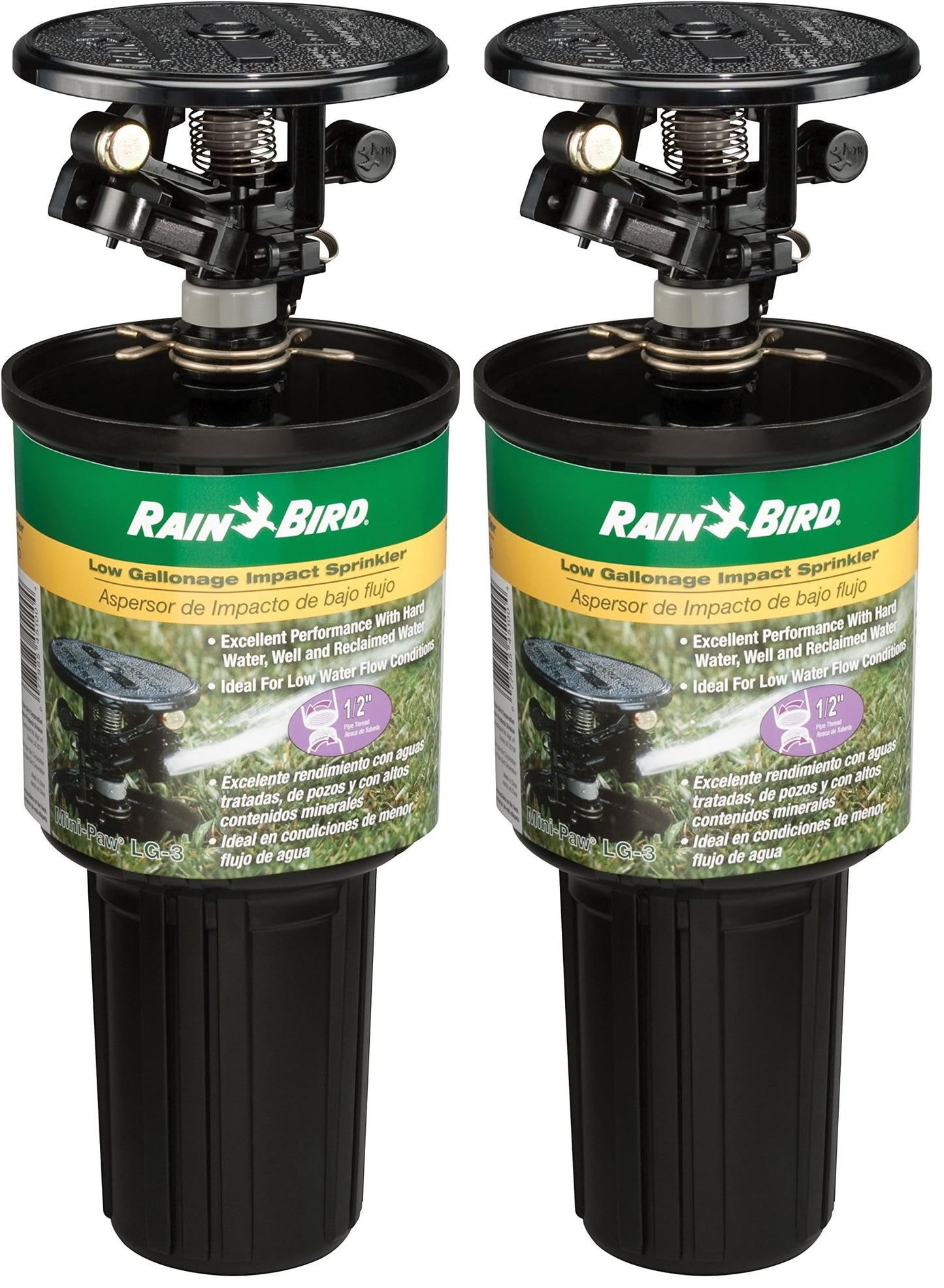 Rain Bird LG-3 Low Gallonage Pop-up Impact Lawn Sprinkler, Adjustable 20° - 360° Pattern, 26' - 41' Spray Distance, Black (Pack of 2)