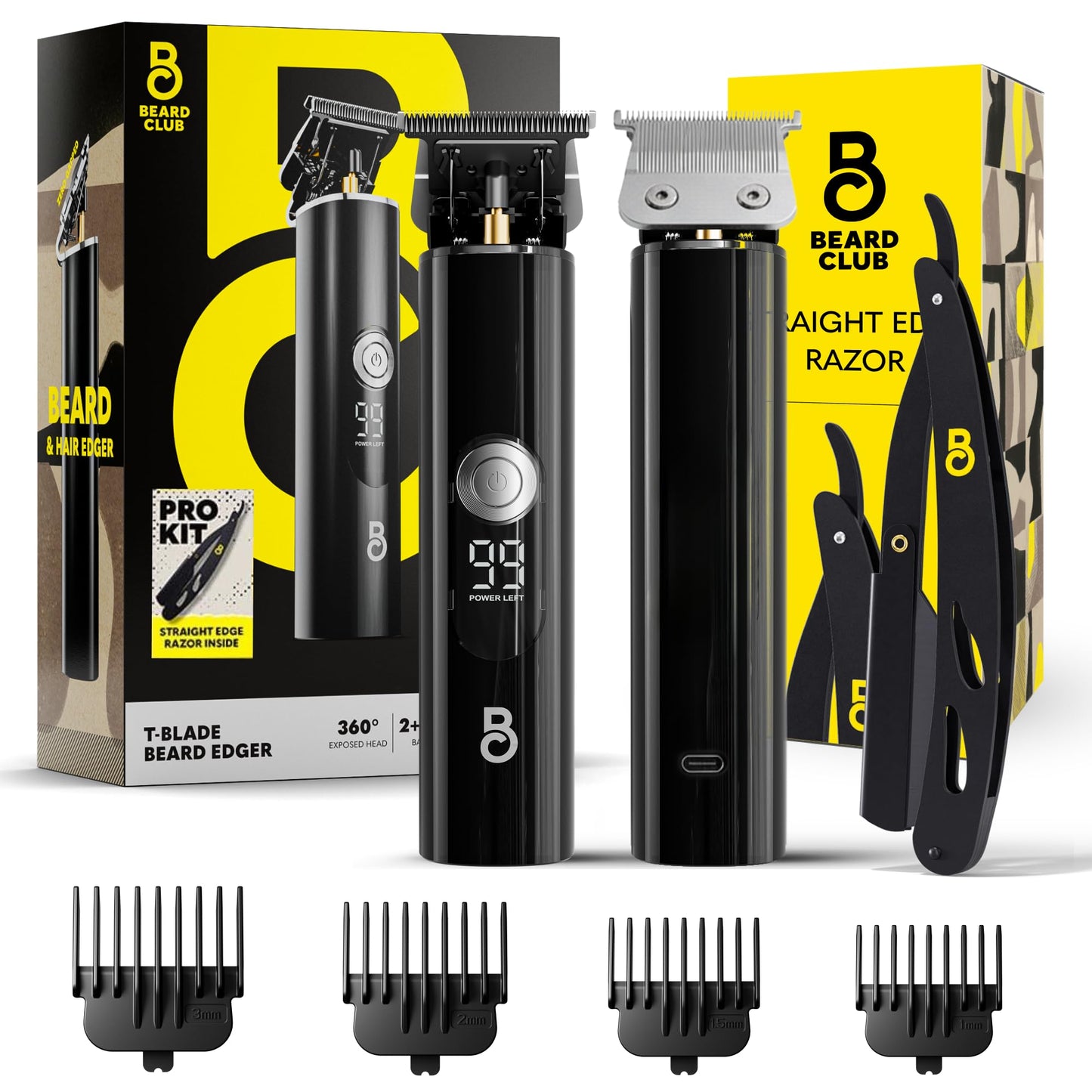 The Beard Club Professional T-Blade Beard Trimmer for Men with Straight Razor - Barber Electric Shaver & Hair Clippers for Men â Zero Gapped Cordless Hair Trimmer & Edger, Line Up Grooming Kit