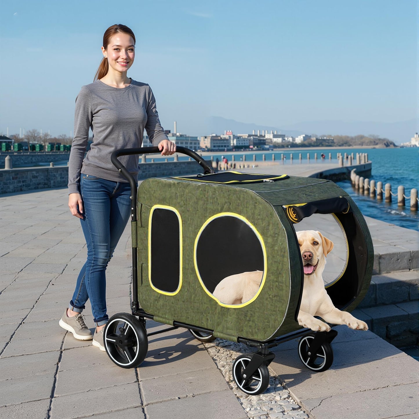 2025 Upgraded Dog Stroller for Large & Medium Dogs,Pet Stroller for 2 Small Dogs, Foldable Jogger Wagon with Detachable Carrier for Car Seat, Adjustable Handle, Up to 90 lbs, Green