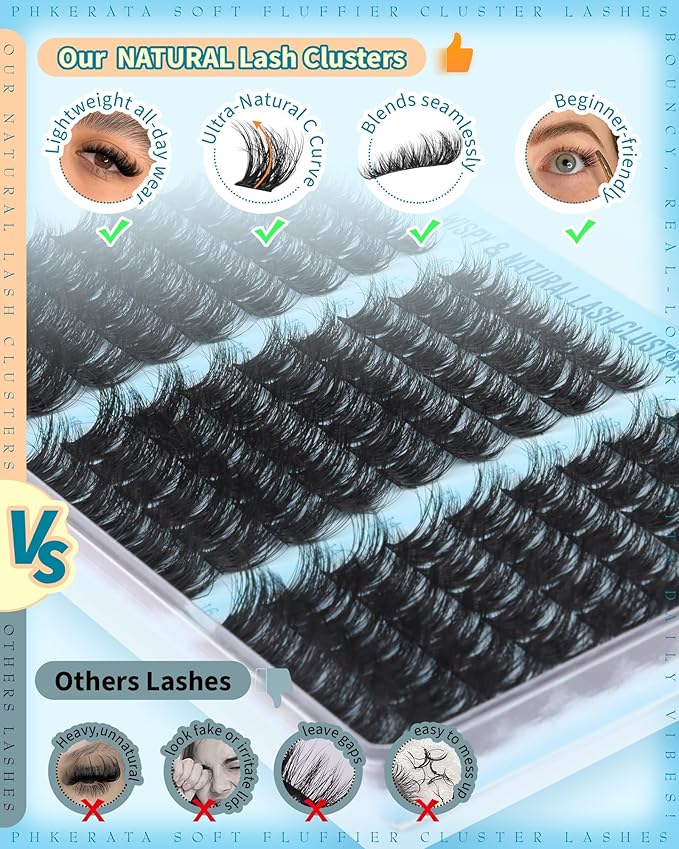 PHKERATA Fluffy Lash Clusters Kit Wispy DIY Eyelash Clusters for Volume, C Curl Cluster Eyelash Extensions Kit with Bond and Seal, at Home Lash Extension Kit, 10-16mm (No Tweezers)